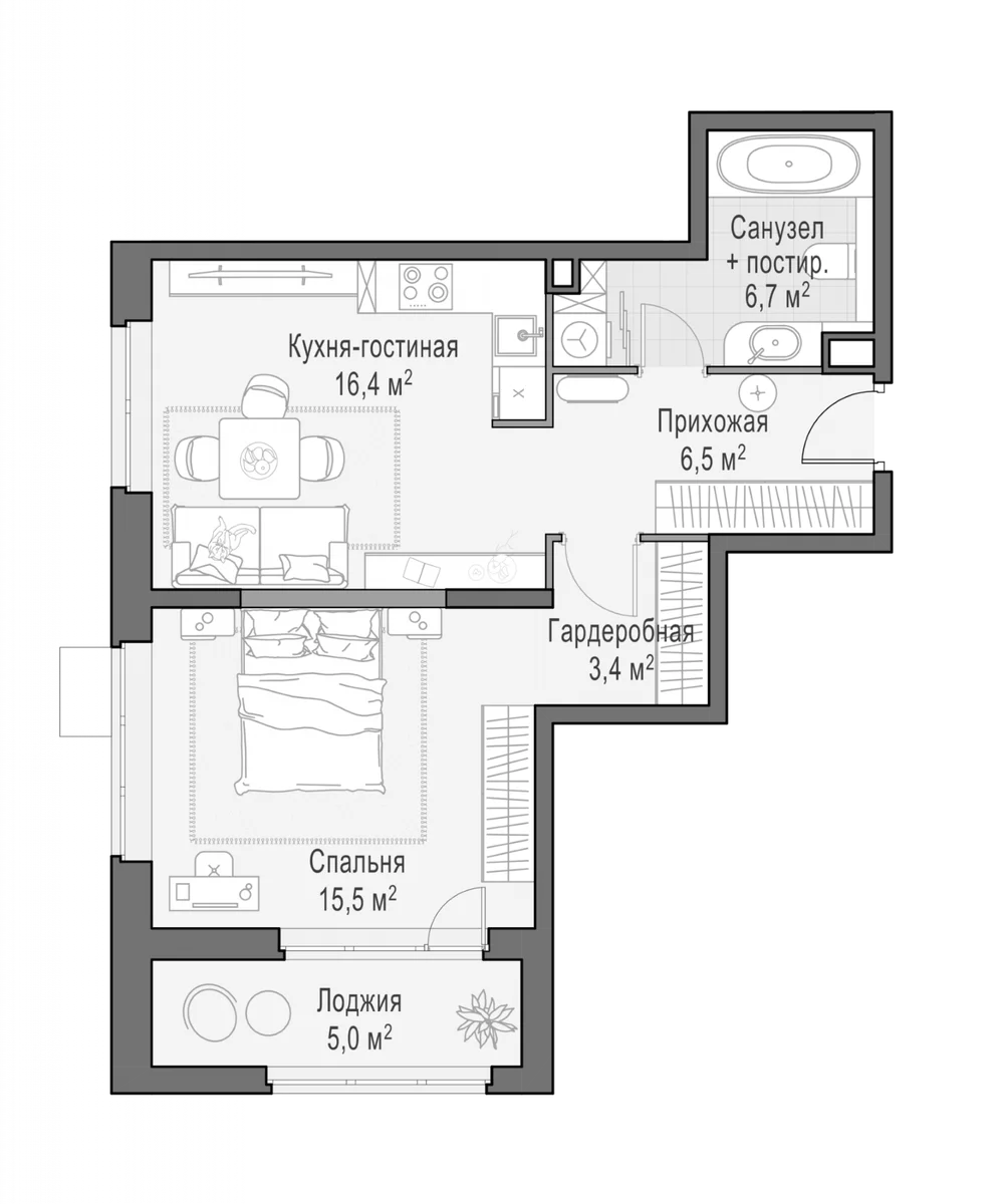 Планировка: Евродвушка 46,2 м² в ЖК «Новое Медведково»