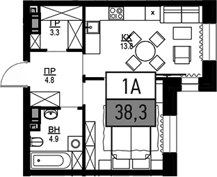 Планировка: 1-комнатная квартира 38,3 м² в ЖК «Театральный квартал»