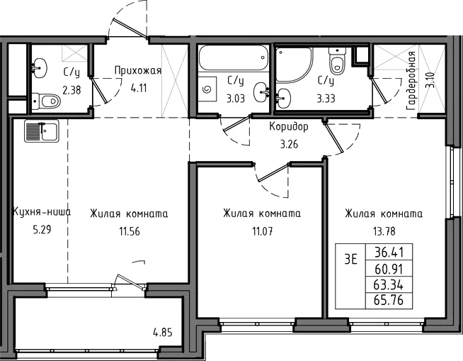 Планировка: Евротрёшка 60,9 м² в ЖК «Тишин»