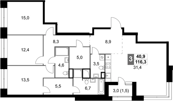 Планировка: 3-комнатная квартира 114,8 м² в ЖК «Скай Гарден»