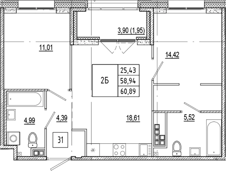 Планировка: Евротрёшка 58,9 м² в ЖК «Ranta Residence»