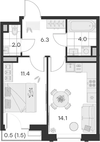 Планировка: 1-комнатная квартира 37,8 м² в ЖК «Михалевич»