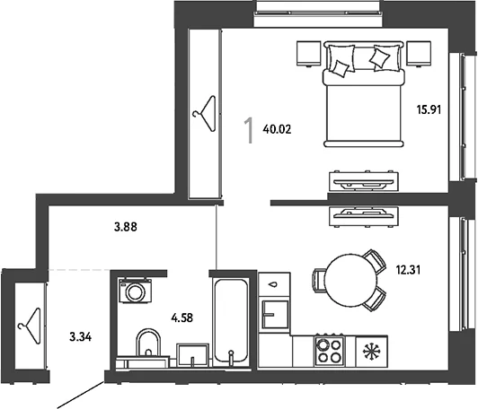 Планировка: 1-комнатная квартира 40 м² в ЖК «Страна.Парковая»