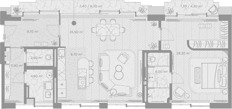 Планировка: 1-комнатная квартира 101,3 м² в ЖК «Николь»