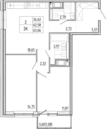 Планировка: Евротрёшка 62,6 м² в ЖК «Окла Вижн»