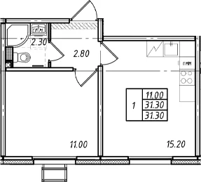 Планировка: 1-комнатная квартира 31,3 м² в ЖК «Ржевский парк»