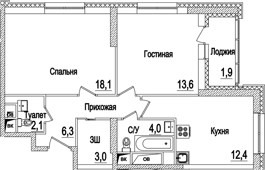 Планировка: 2-комнатная квартира 59,5 м² в ЖК «Рассказово»