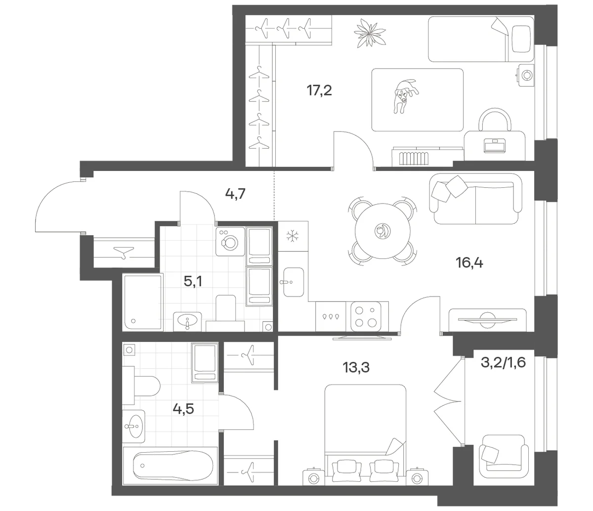 Планировка: Евротрёшка 61,1 м² в ЖК «Речной Квартал»