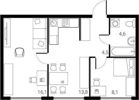 Планировка: 2-комнатная квартира 47,1 м² в ЖК «Лесная Коллекция»