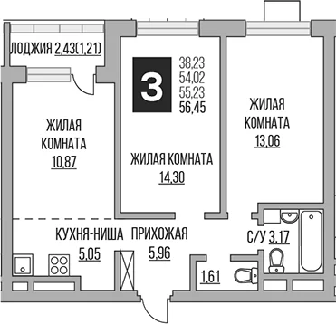 Планировка: Евротрёшка 54 м² в ЖК «Гранель Ильинойс»