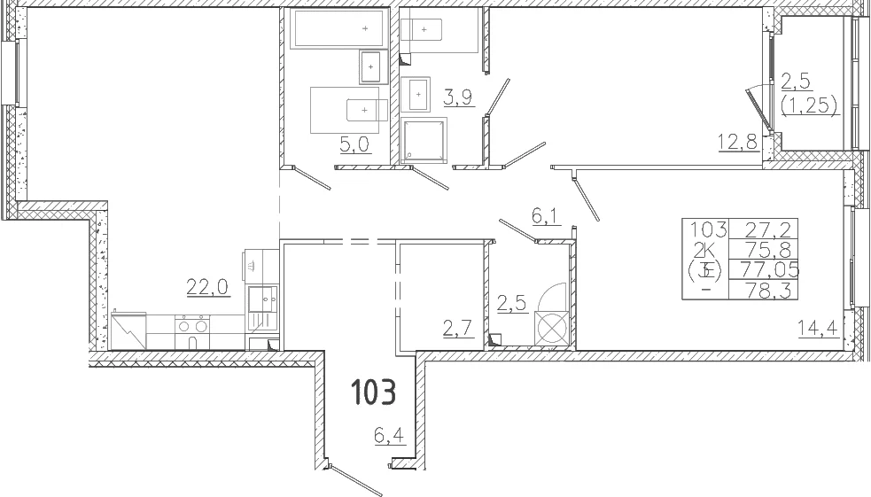 Планировка: Евротрёшка 75,8 м² в ЖК «Лисино»