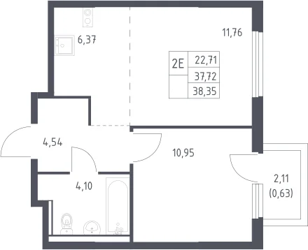 Планировка: Евродвушка 37,7 м² в ЖК «Пригород Лесное»
