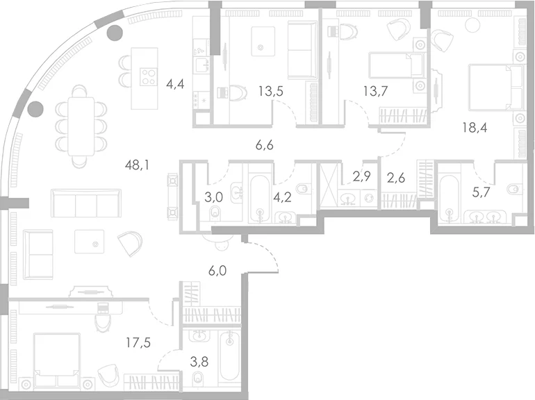 Планировка: Квартира евро-5 150,4 м² в ЖК «Ривер Парк Кутузовский»