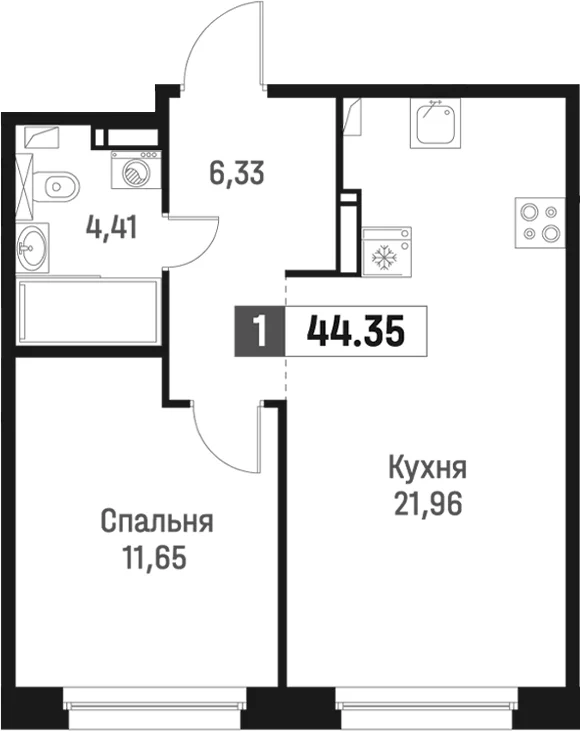 Планировка: Евродвушка 44,4 м² в ЖК «Максималист»