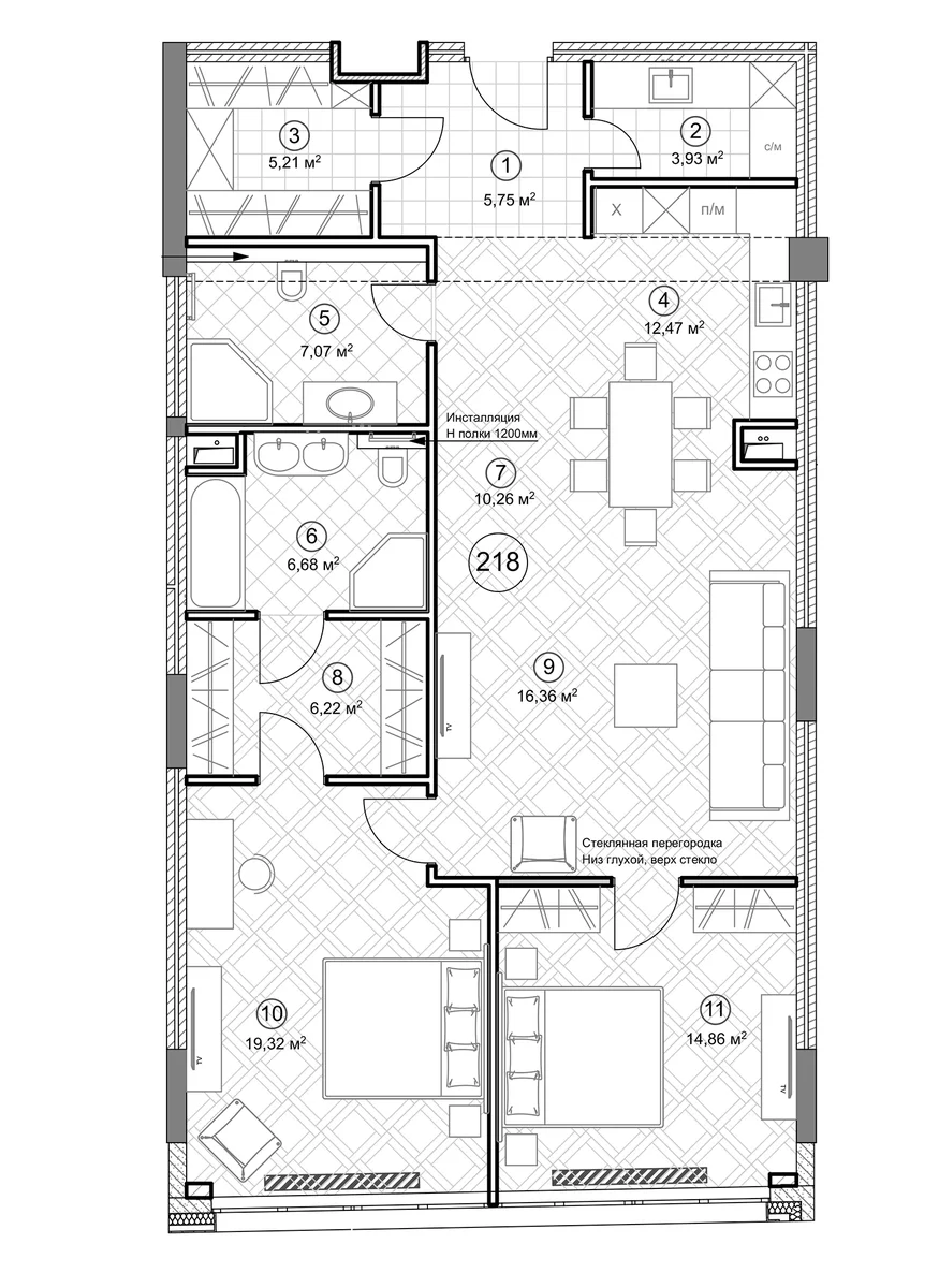 Планировка: Евротрёшка 109,4 м² в ЖК «Клубный дом Sole Hills»