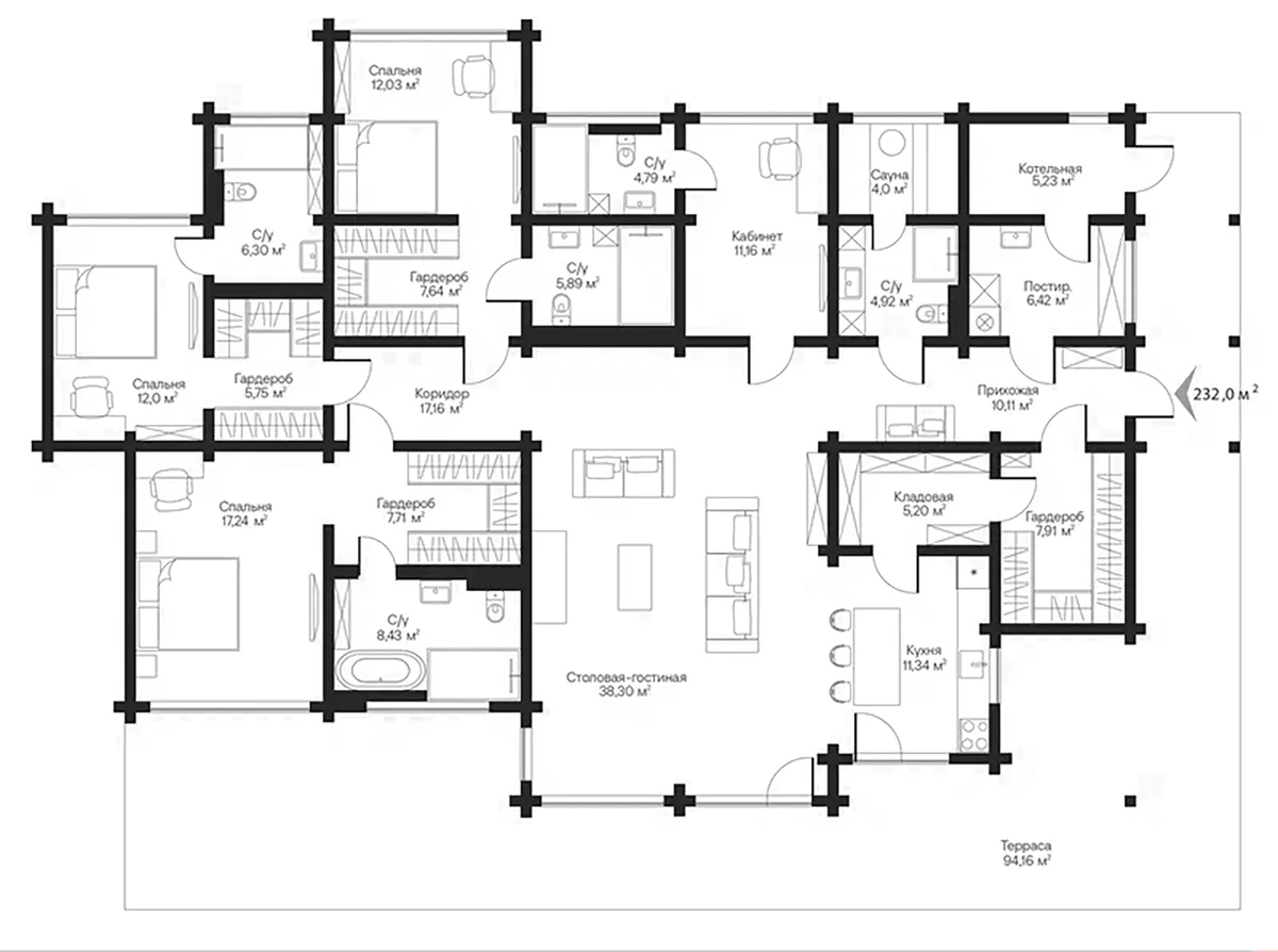 Планировка: Коттедж 203,8 м² в ЖК «Коттеджный поселок Вырица Кантри Клаб»