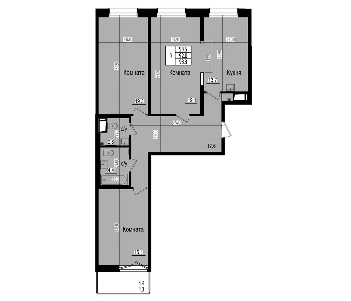 Планировка: 3-комнатная квартира 92 м² в ЖК «Прагма Сити»