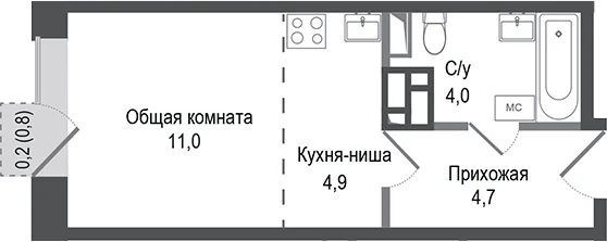 Планировка: Студия 24,6 м² в ЖК «Киноквартал»