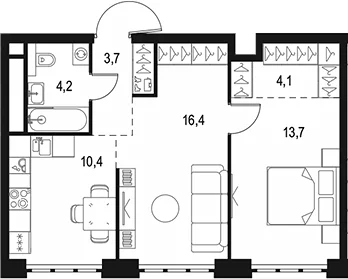 Планировка: 2-комнатная квартира 52,5 м² в ЖК «Левел Южнопортовая»