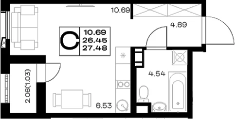 Планировка: Студия 26,5 м² в ЖК «Борский»