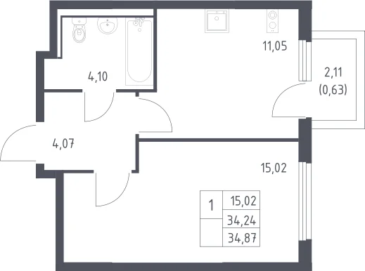 Планировка: 1-комнатная квартира 34,2 м² в ЖК «Пригород Лесное»