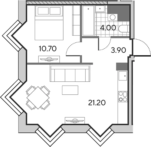 Планировка: Евродвушка 39,8 м² в ЖК «Вейв»