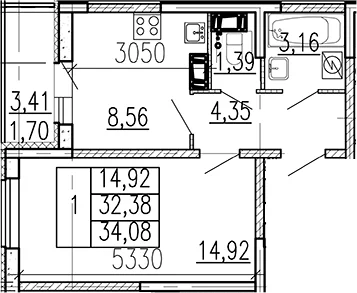 Планировка: 1-комнатная квартира 32,4 м² в ЖК «Высота. Бугры»