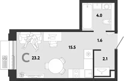 Планировка: Студия 23,2 м² в ЖК «Страна.Заречная»