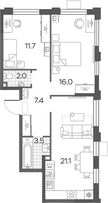 Планировка: Евротрёшка 63,5 м² в ЖК «Лучи»