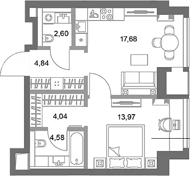 Планировка: 1-комнатная квартира 47,7 м² в ЖК «ФАЙВ ТАУЭРС»