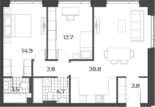 Планировка: Евротрёшка 71,2 м² в ЖК «Вейв»