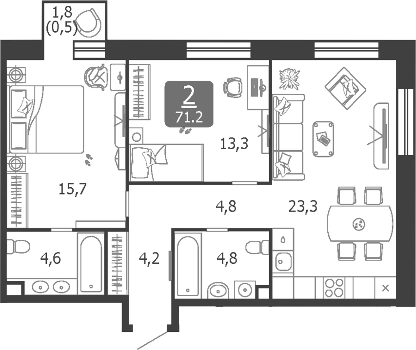Планировка: Евротрёшка 70,7 м² в ЖК «Шагал»