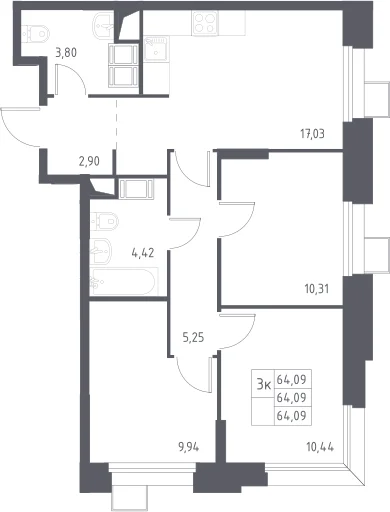 Планировка: Квартира евро-4 64,1 м² в ЖК «Тропарево Парк»