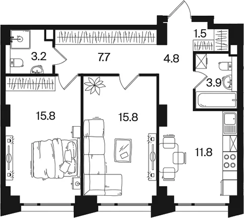 Планировка: 2-комнатная квартира 64,5 м² в ЖК «РАКУРС»