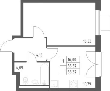Планировка: 1-комнатная квартира 35,4 м² в ЖК «Квартал Западный»