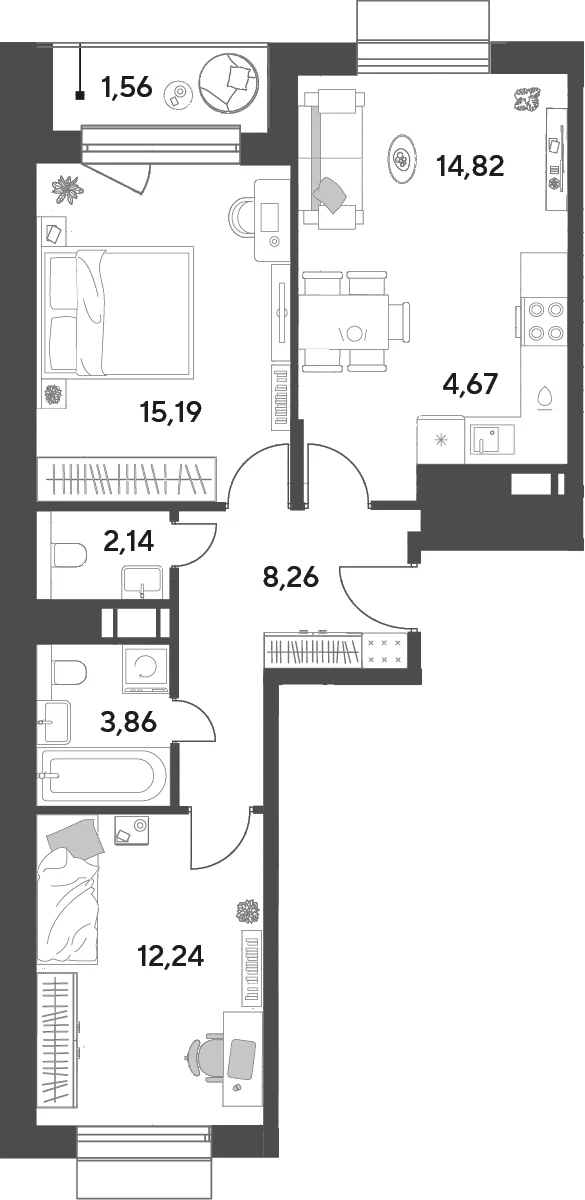 Планировка: Евротрёшка 61,2 м² в ЖК «Публицист»