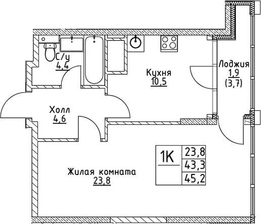 Планировка: 1-комнатная квартира 43,3 м² в ЖК «ВЭРИ на Миклухо-Маклая»