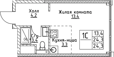 Планировка: Студия 24,3 м² в ЖК «ВЭРИ на Миклухо-Маклая»