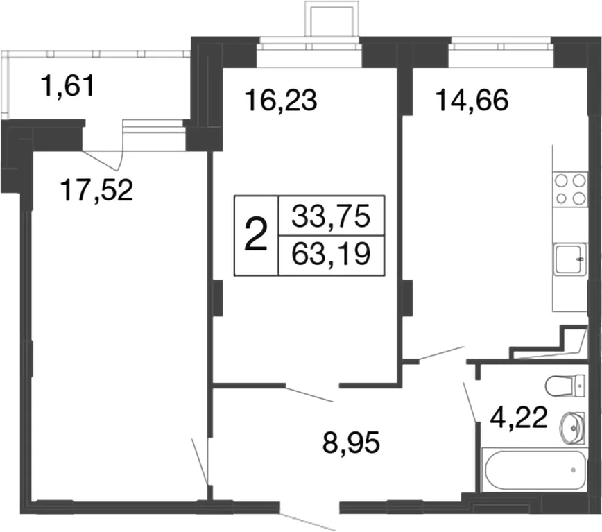 Планировка: 2-комнатная квартира 61,6 м² в ЖК «Времена года»