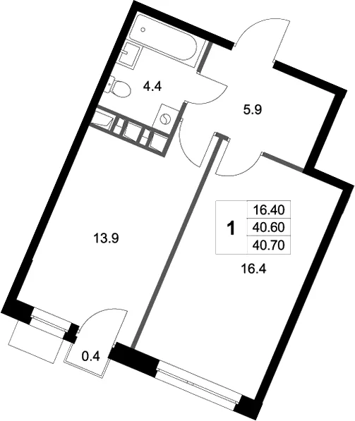 Планировка: 1-комнатная квартира 40,6 м² в ЖК «Легенда Марусино»