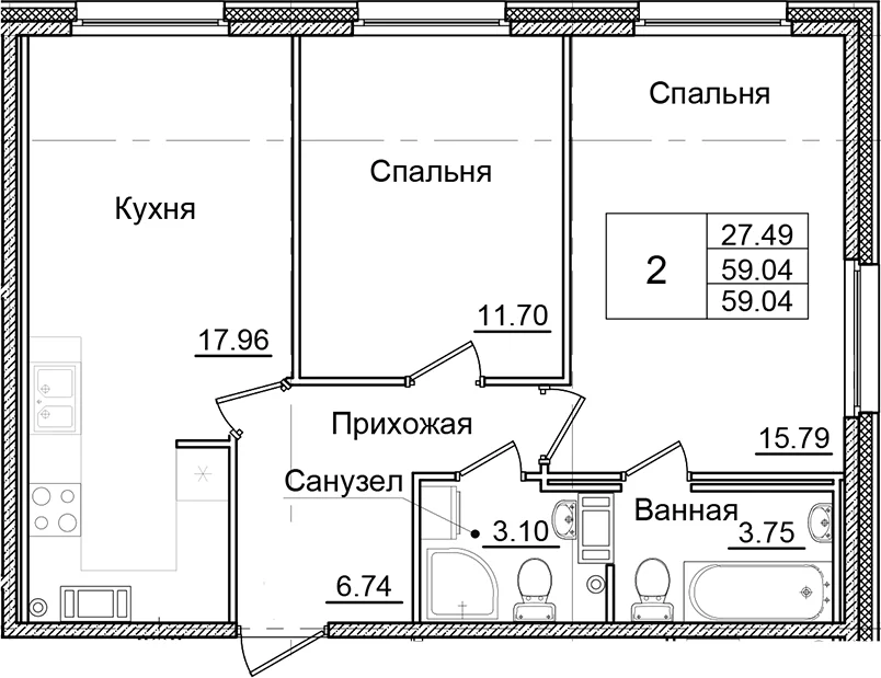 Планировка: 2-комнатная квартира 59 м² в ЖК «Квартал Заречье»