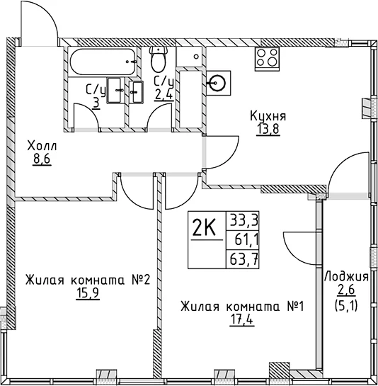 Планировка: 2-комнатная квартира 61,1 м² в ЖК «ВЭРИ на Миклухо-Маклая»