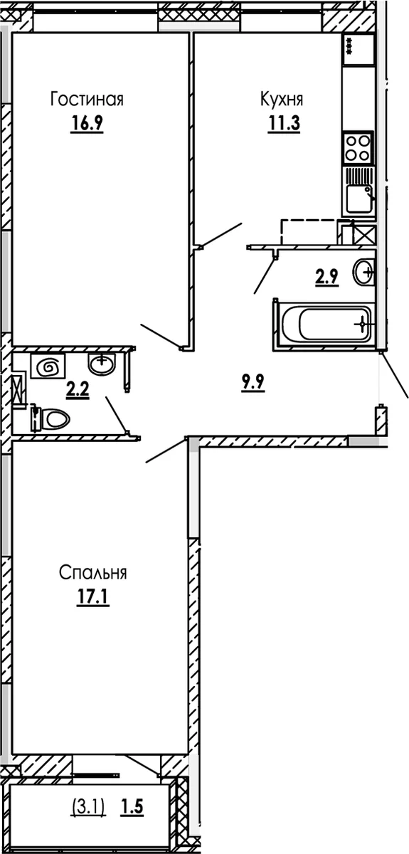 Планировка: 2-комнатная квартира 60,3 м² в ЖК «Малиново»