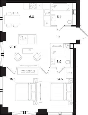 Планировка: Евротрёшка 72,4 м² в ЖК «АУРА»