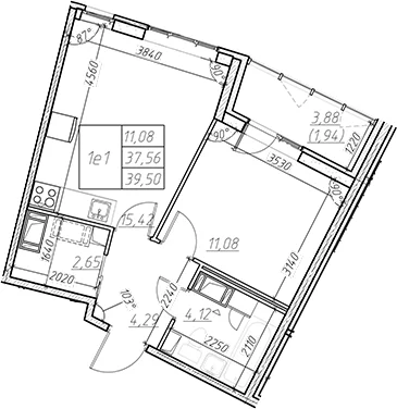Планировка: Евродвушка 37,6 м² в ЖК «Левитан»