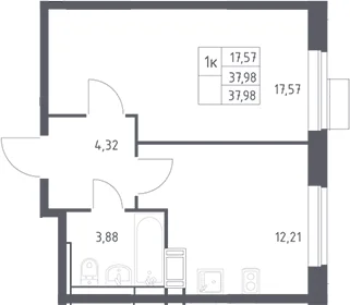 Планировка: 1-комнатная квартира 38 м² в ЖК «Пятницкие Луга»