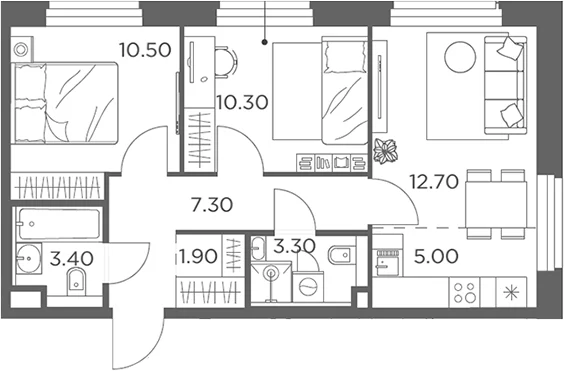 Планировка: Евротрёшка 54,4 м² в ЖК «Белый Град»