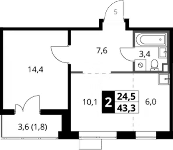 Планировка: Евродвушка 41,5 м² в ЖК «1-й Саларьевский»