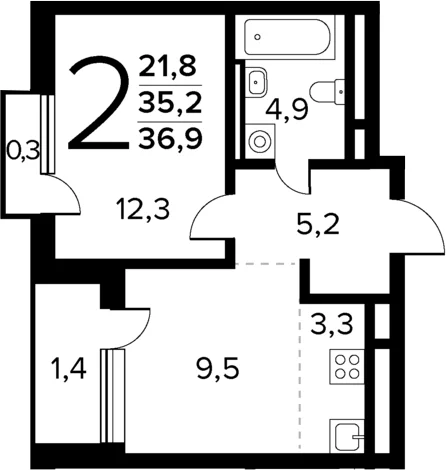 Планировка: Евродвушка 35,2 м² в ЖК «Новые Ватутинки Квартал у реки»