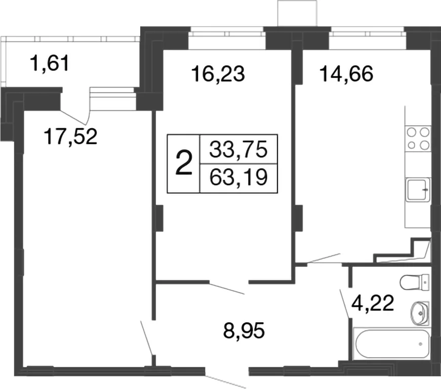 Планировка: 2-комнатная квартира 61,6 м² в ЖК «Времена года»